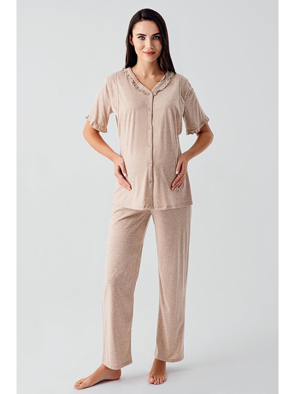 Kahverengi Kısa Kollu Düğmeli Esnek Pamuklu Kumaş Hamile Pijama Takım 17200
