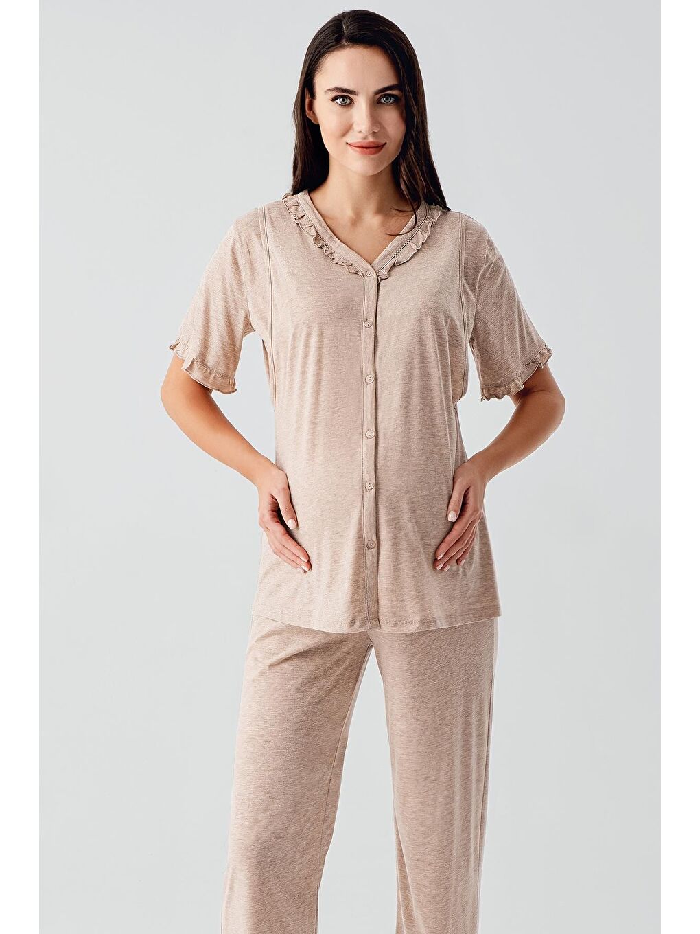 Kahverengi Kısa Kollu Düğmeli Esnek Pamuklu Kumaş Hamile Pijama Takım 17200-1