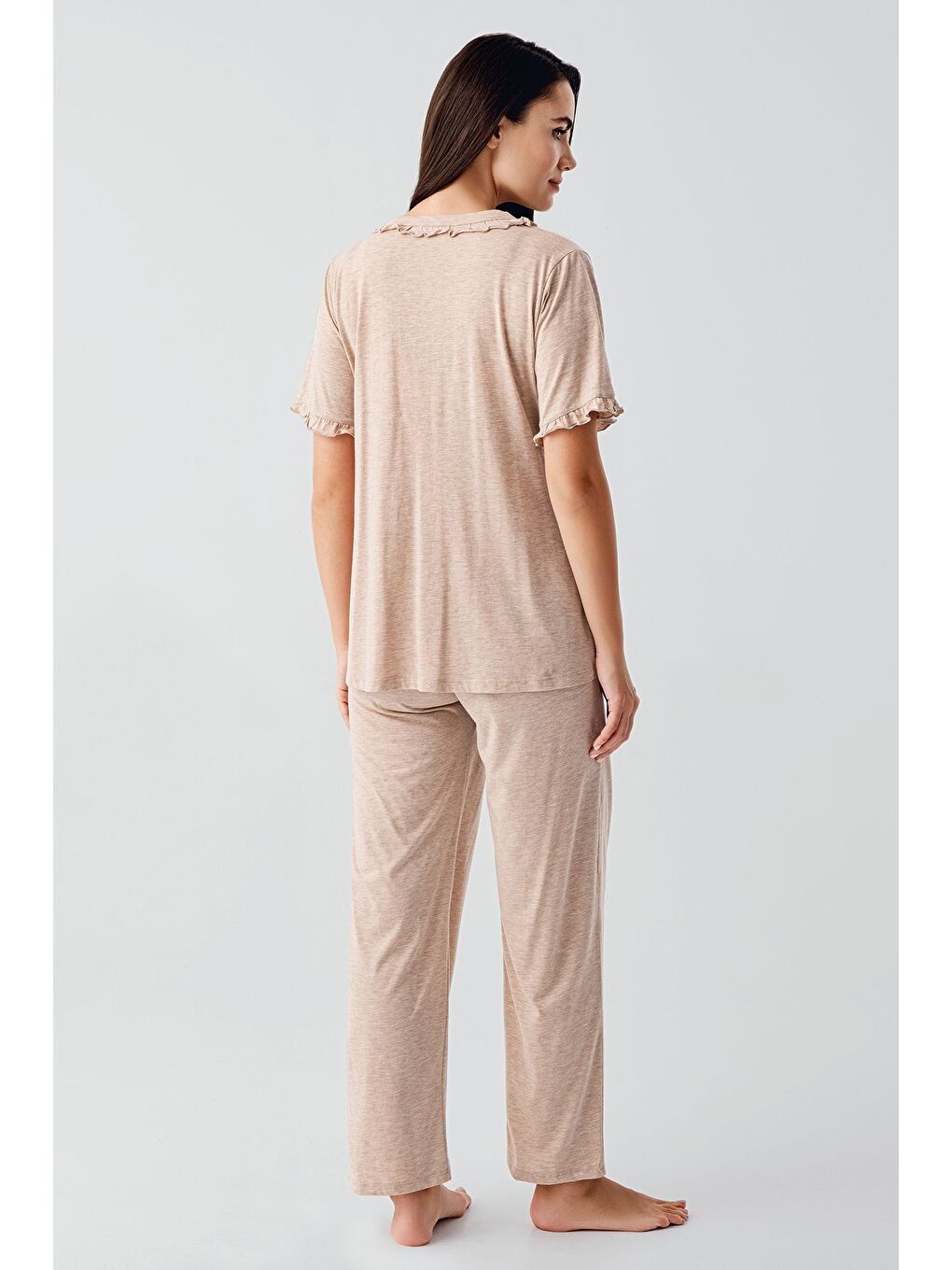 Kahverengi Kısa Kollu Düğmeli Esnek Pamuklu Kumaş Hamile Pijama Takım 17200-2