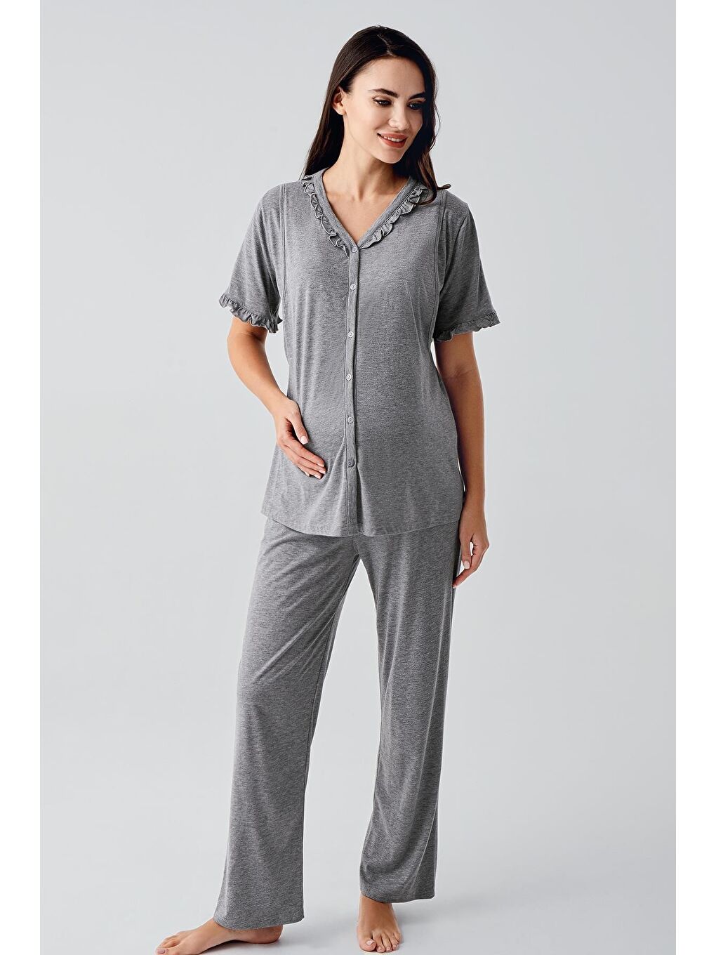 Gri Kısa Kollu Düğmeli Esnek Pamuklu Kumaş Hamile Pijama Takım 17200
