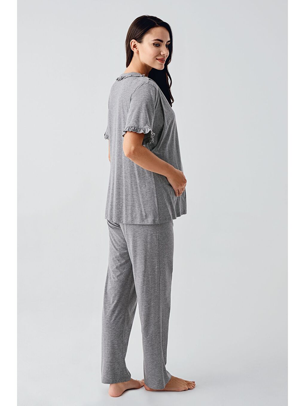 Gri Kısa Kollu Düğmeli Esnek Pamuklu Kumaş Hamile Pijama Takım 17200-2