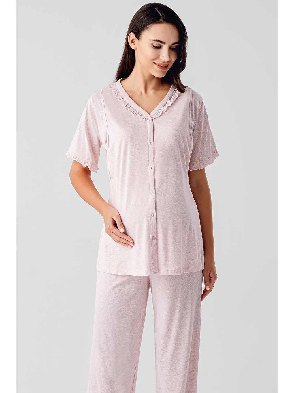 Pembe Kısa Kollu Düğmeli Esnek Pamuklu Kumaş Hamile Pijama Takım 17200-2