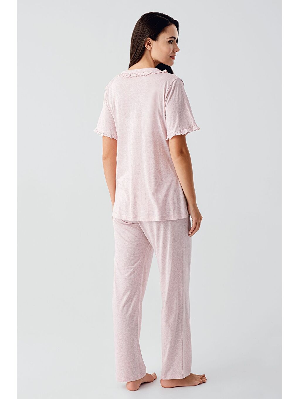 Pembe Kısa Kollu Düğmeli Esnek Pamuklu Kumaş Hamile Pijama Takım 17200-3