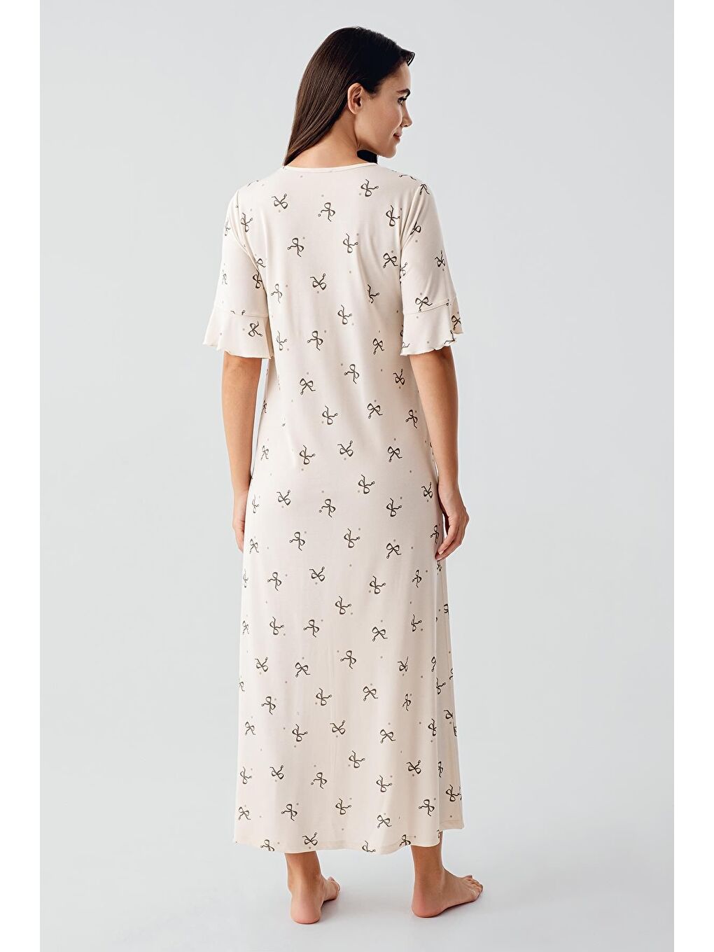 Bej Fiyonk Desenli Kısa Kollu Uzun Esnek Viskoz Gecelik 17105-2
