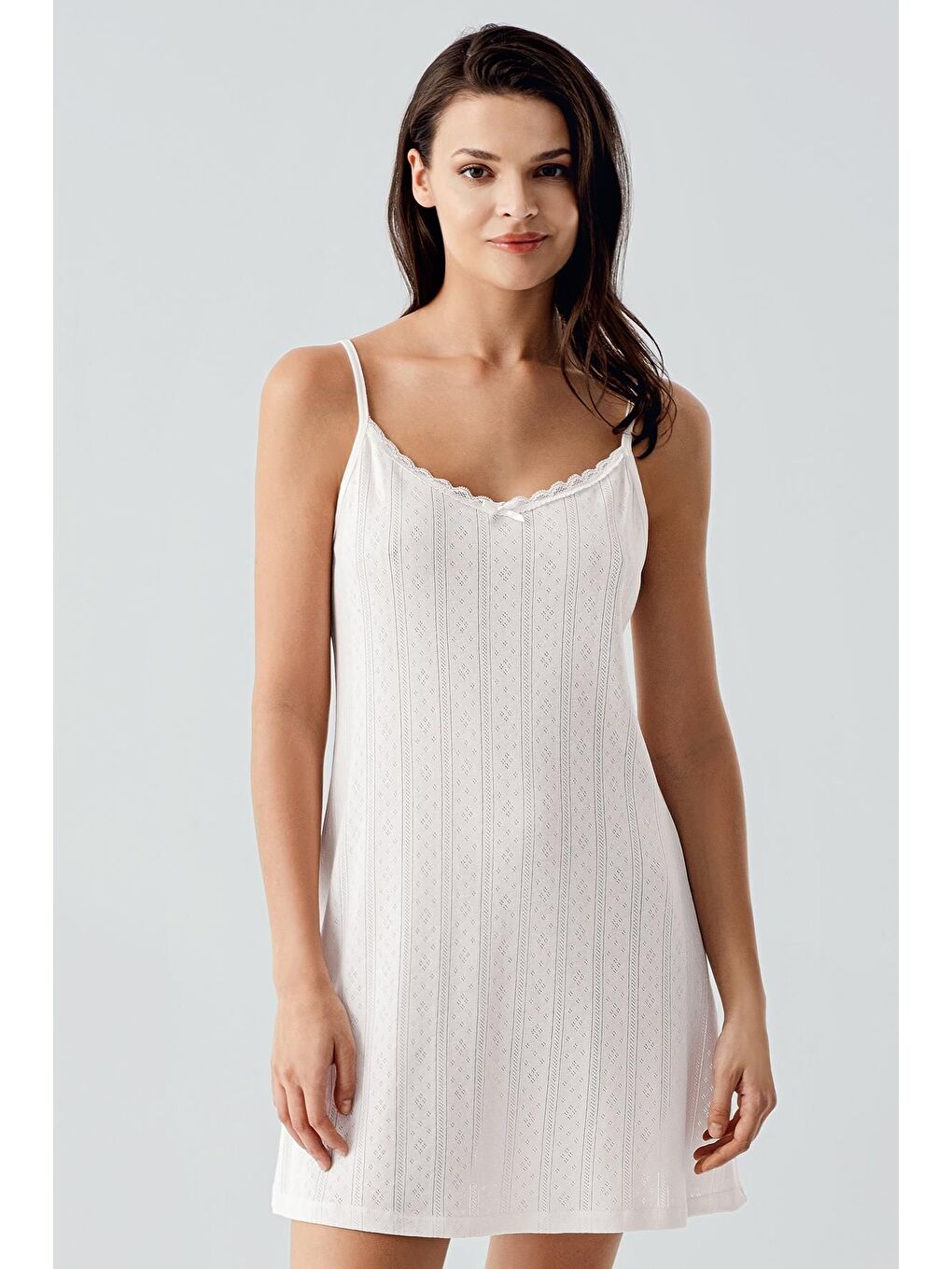 Ekru Ajurlu Askılı Kısa Esnek Pamuklu Gecelik 17108-1