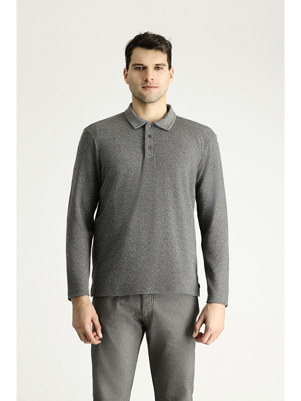 Gri Polo Yaka Desenli Nakışlı Pamuklu Sweatshirt-2