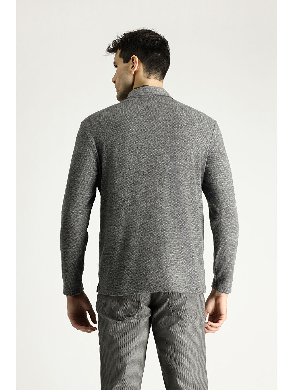 Gri Polo Yaka Desenli Nakışlı Pamuklu Sweatshirt-3