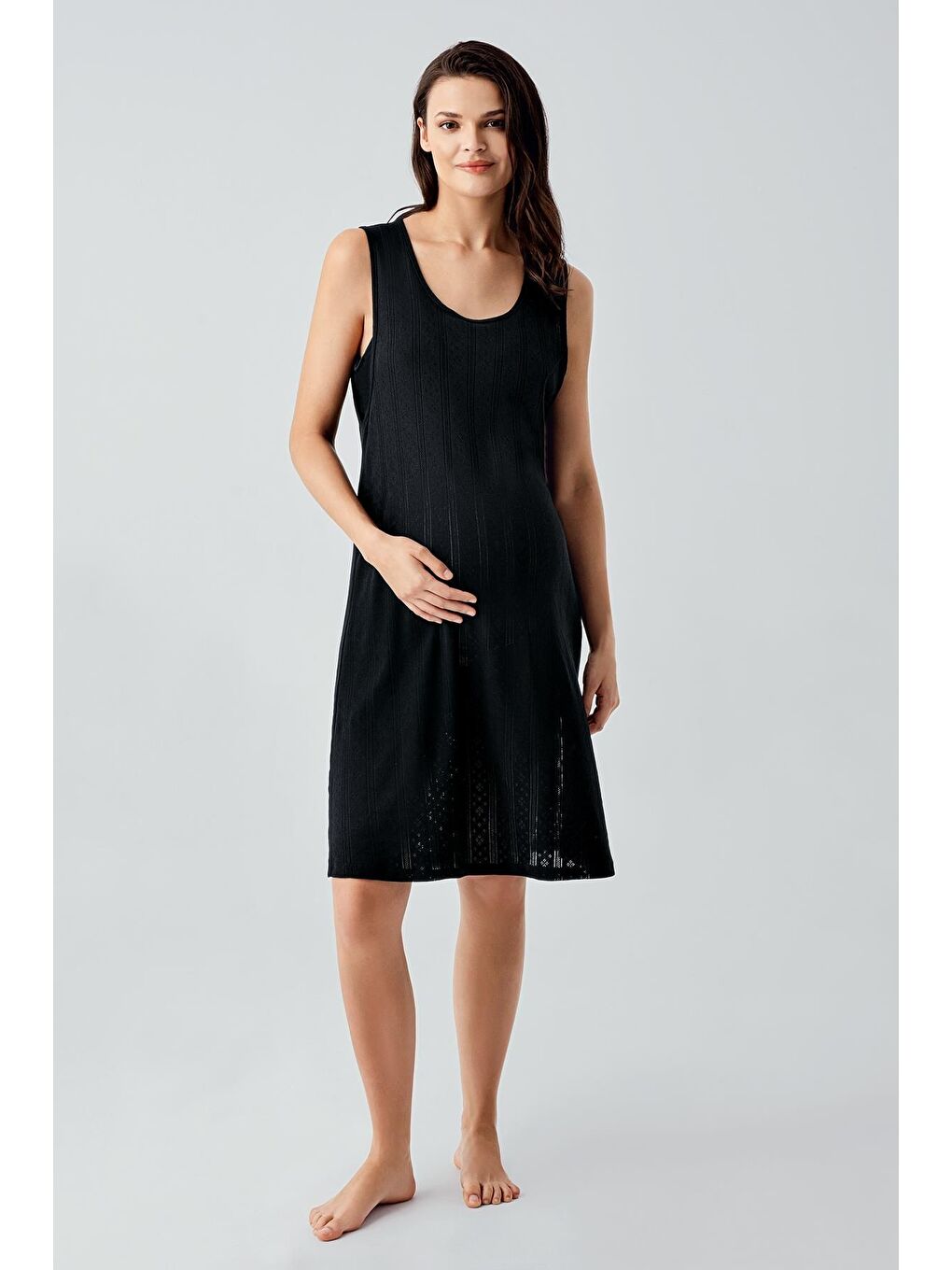 Siyah Kalın Askılı Ajurlu Esnek Pamuklu Hamile Sabahlık Gecelik Takım 17408-1