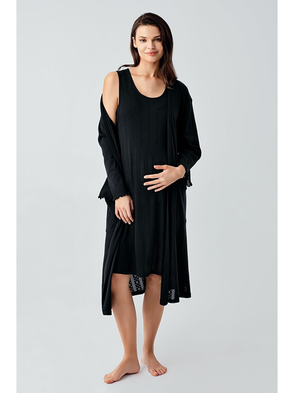 Siyah Kalın Askılı Ajurlu Esnek Pamuklu Hamile Sabahlık Gecelik Takım 17408-2