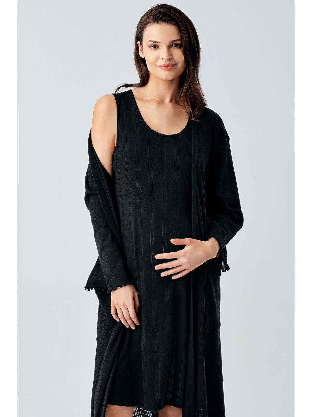 Siyah Kalın Askılı Ajurlu Esnek Pamuklu Hamile Sabahlık Gecelik Takım 17408-3