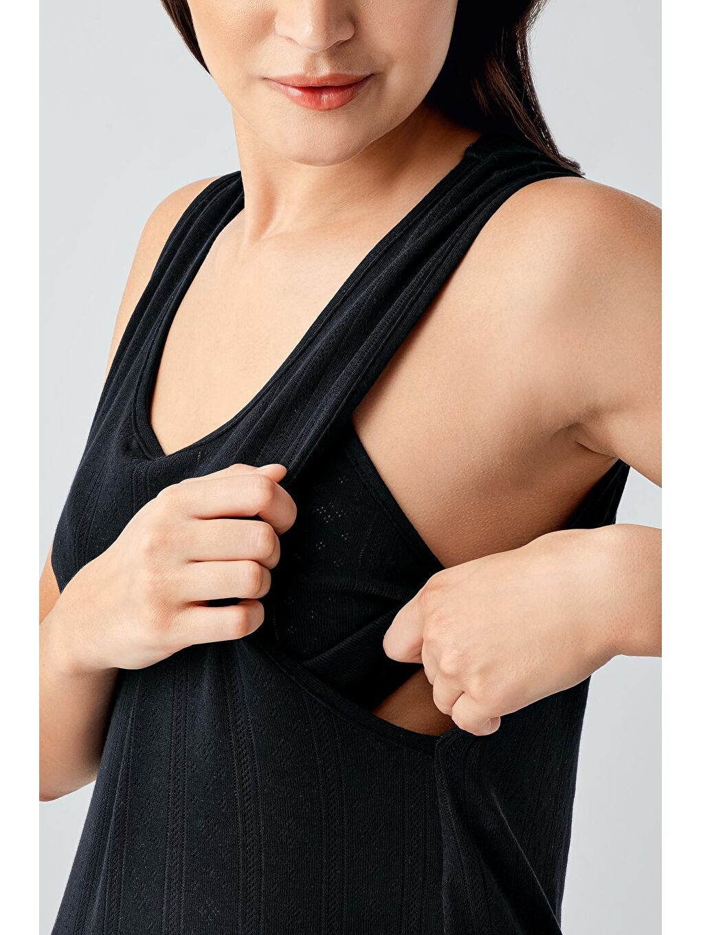 Siyah Kalın Askılı Ajurlu Esnek Pamuklu Hamile Sabahlık Gecelik Takım 17408-4