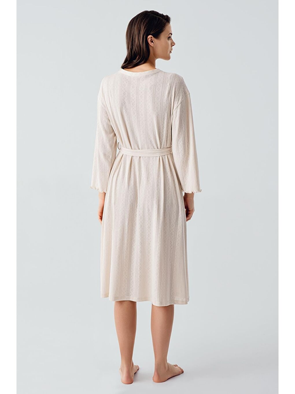 Bej Kalın Askılı Ajurlu Esnek Pamuklu Hamile Sabahlık Gecelik Takım 17408-4