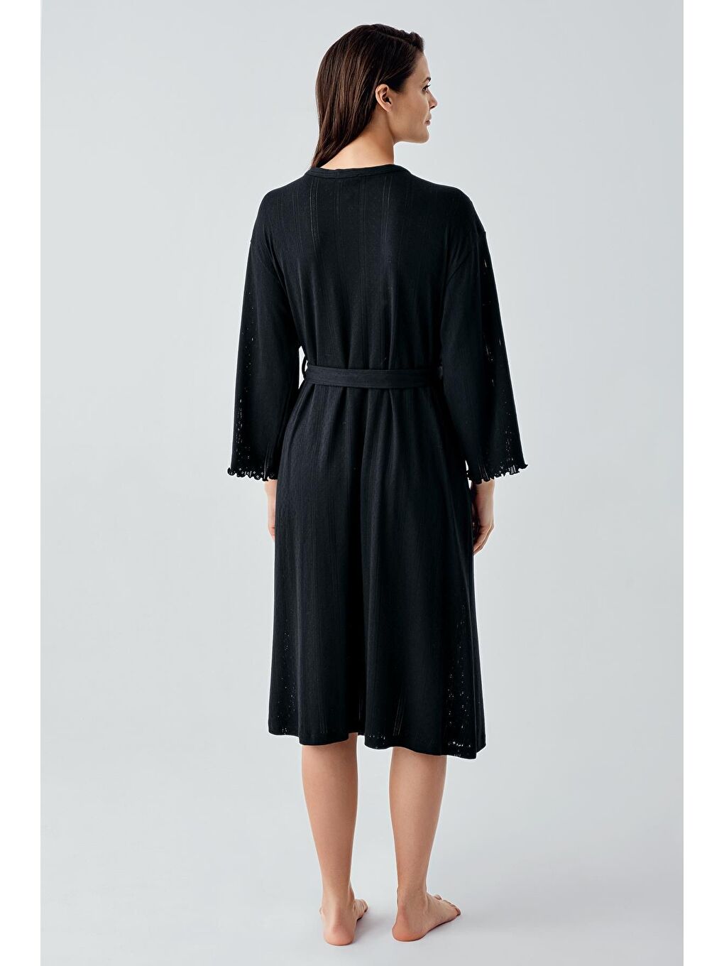 Siyah Kalın Askılı Ajurlu Esnek Pamuklu Hamile Sabahlık Gecelik Takım 17408-7