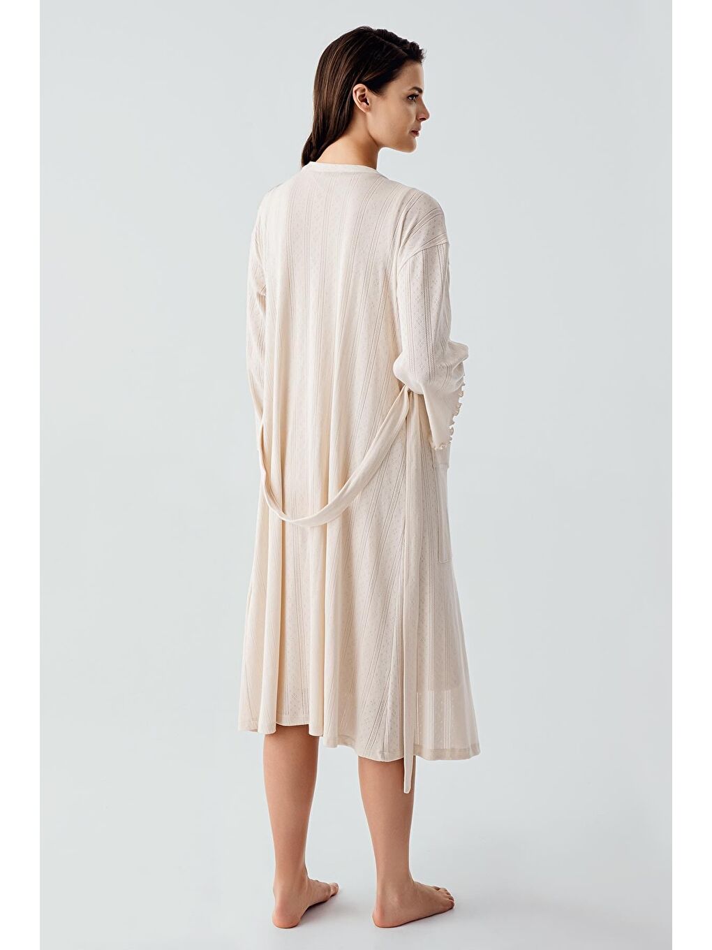 Bej Kalın Askılı Ajurlu Esnek Pamuklu Hamile Sabahlık Gecelik Takım 17408-6