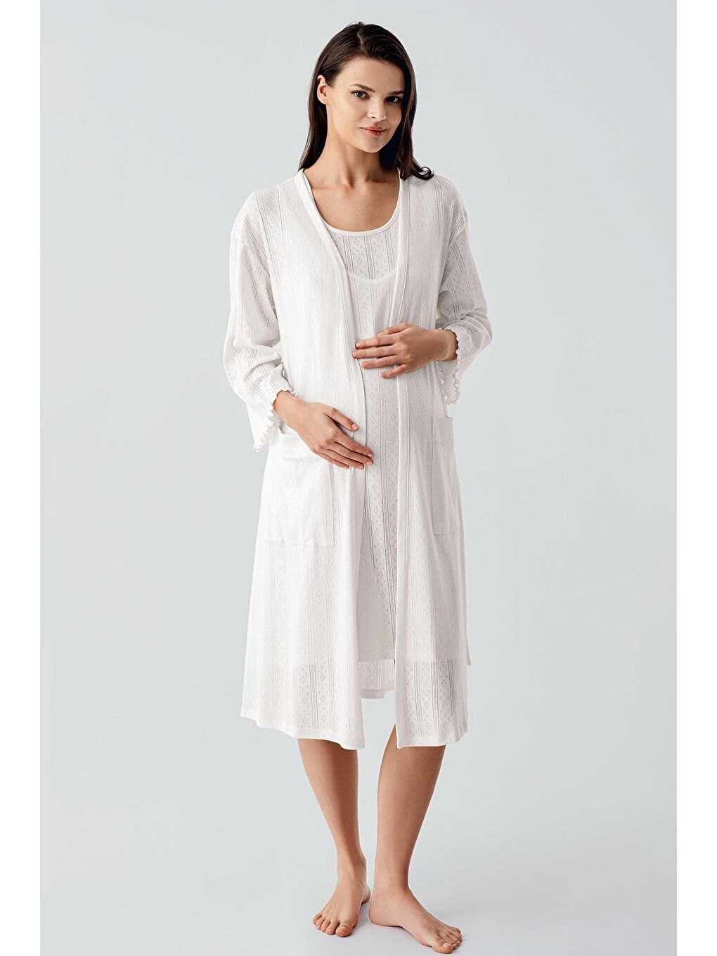 Ekru Kalın Askılı Ajurlu Esnek Pamuklu Hamile Sabahlık Gecelik Takım 17408