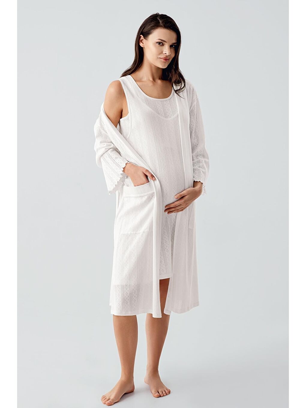Ekru Kalın Askılı Ajurlu Esnek Pamuklu Hamile Sabahlık Gecelik Takım 17408-2