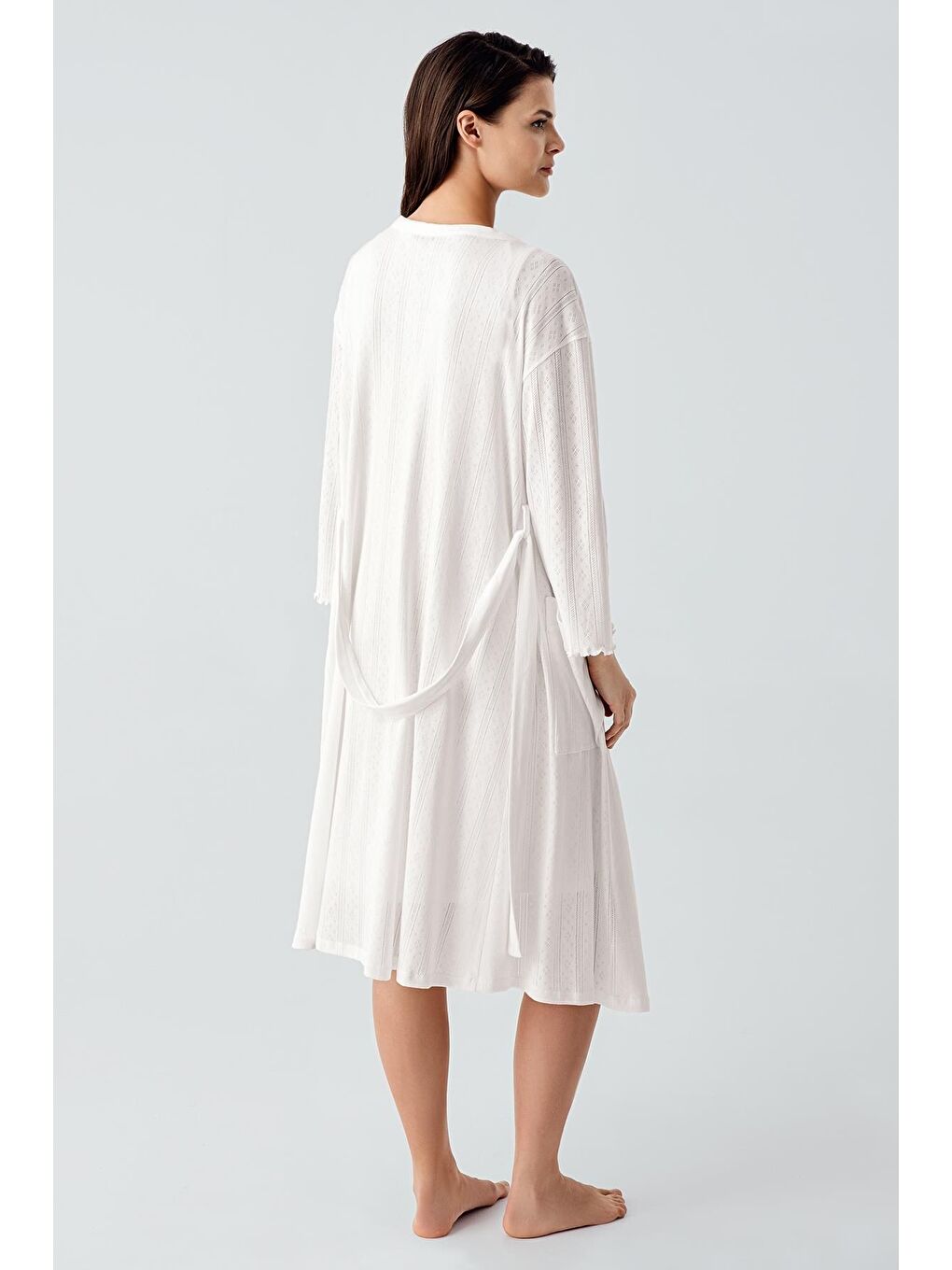 Ekru Kalın Askılı Ajurlu Esnek Pamuklu Hamile Sabahlık Gecelik Takım 17408-5