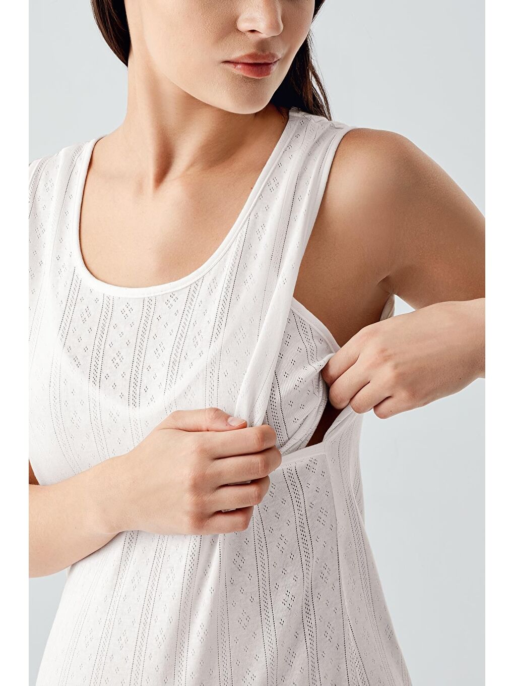 Ekru Kalın Askılı Ajurlu Esnek Pamuklu Hamile Sabahlık Gecelik Takım 17408-6