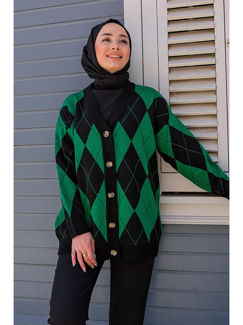 Kadın Baklava Desenli Retro Hırka Yeşil