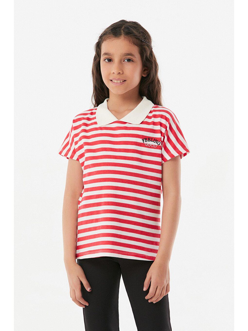 Kırmızı Çizgili Polo Yaka Kız Çocuk Tişört