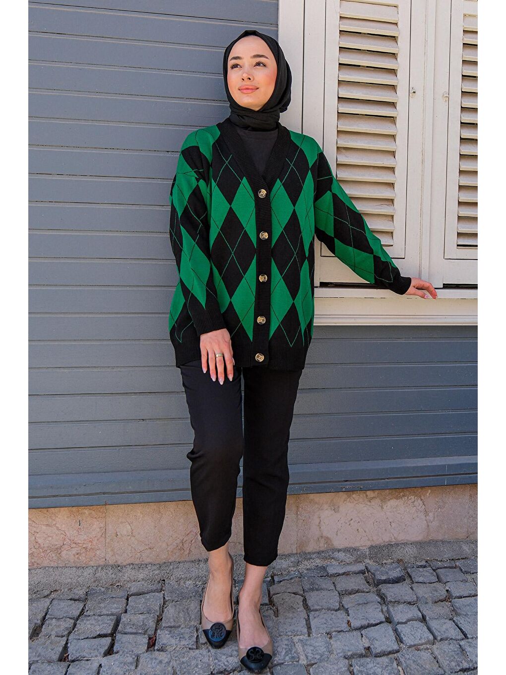 Kadın Baklava Desenli Retro Hırka Yeşil-1