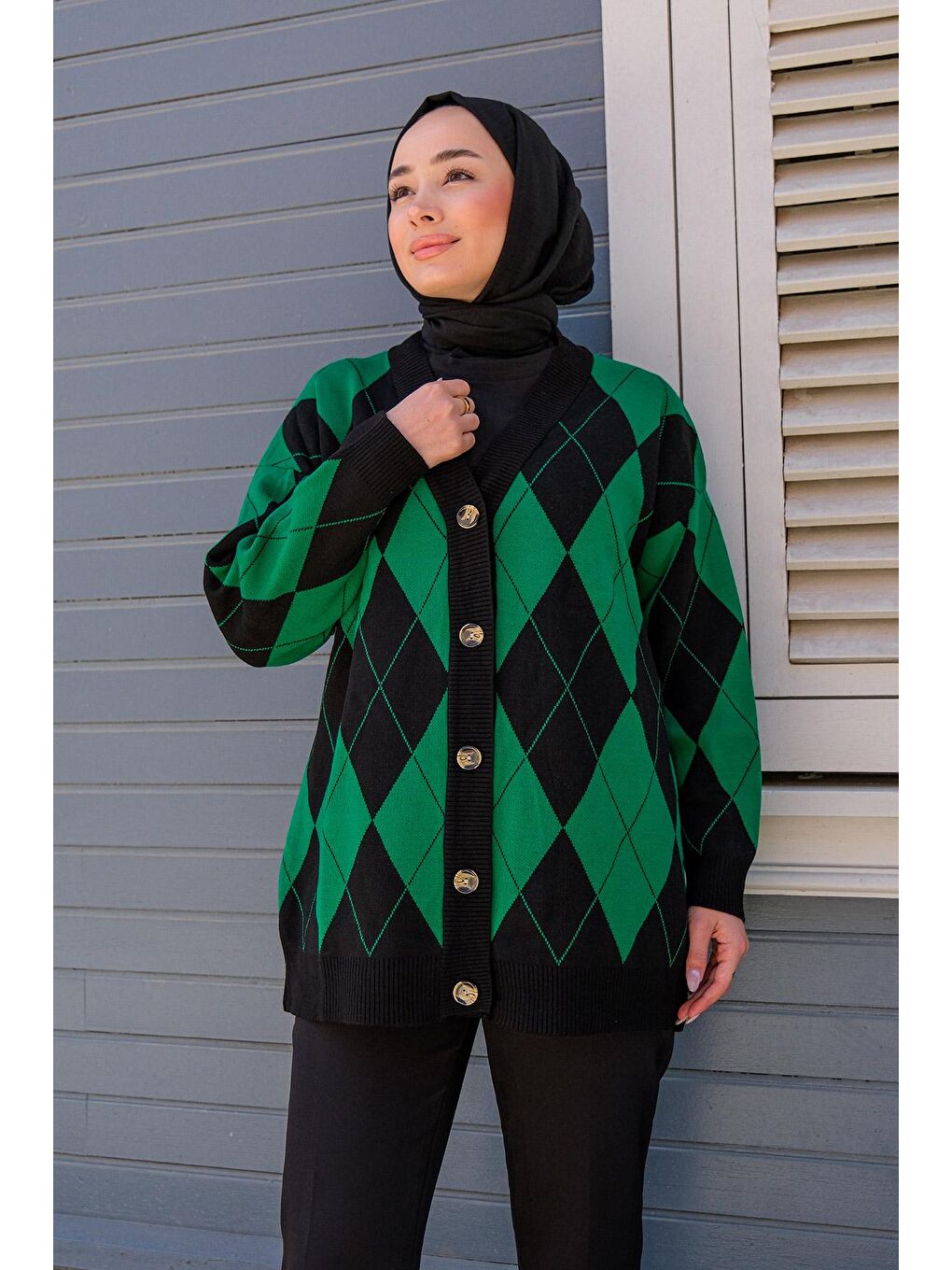 Kadın Baklava Desenli Retro Hırka Yeşil-2