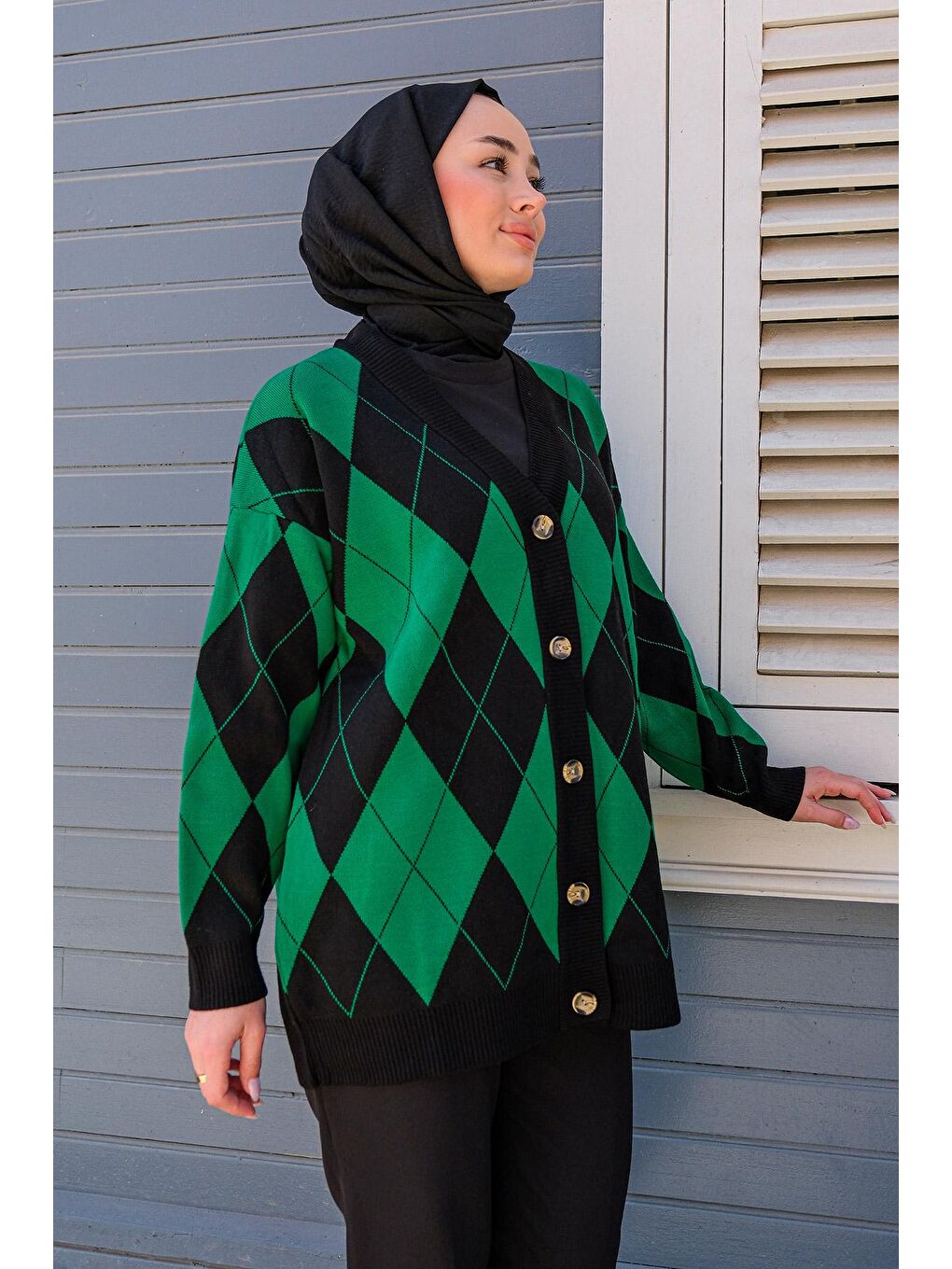 Kadın Baklava Desenli Retro Hırka Yeşil-3