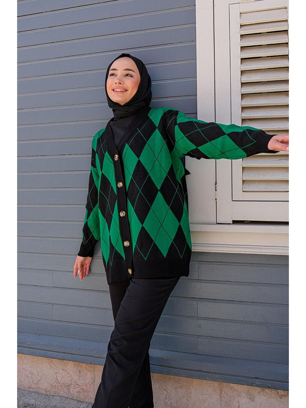 Kadın Baklava Desenli Retro Hırka Yeşil-4