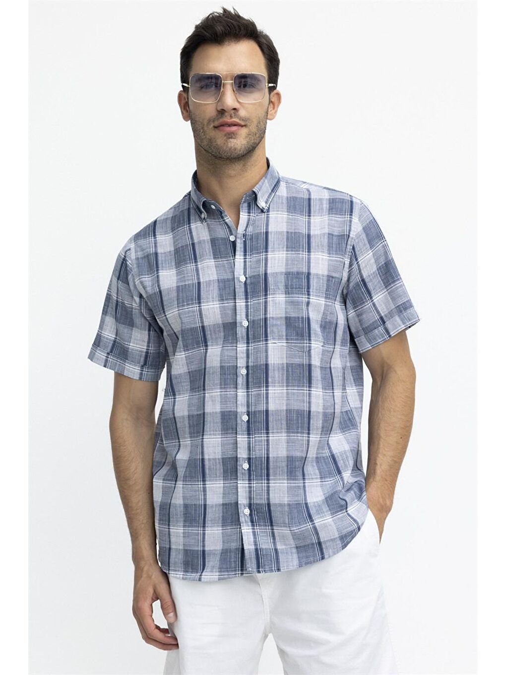 Mavi Tudors Klasik Fit Kısa Kol Kareli Keten Erkek Gömlek