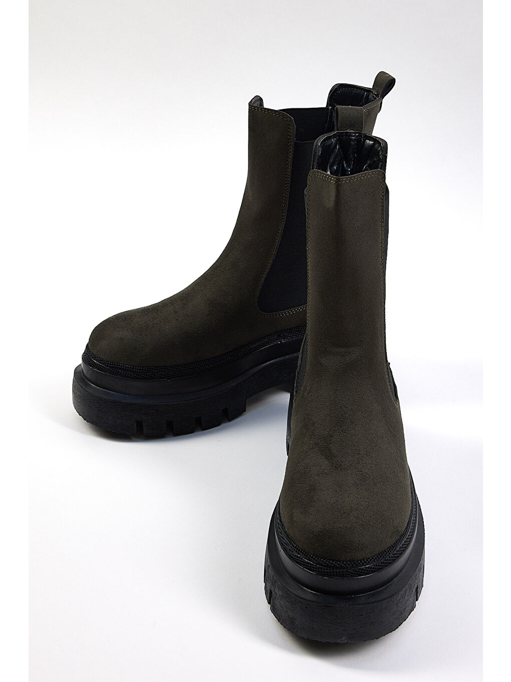 Kadın Haki Süet Rahat Kalıp Yanı Lastikli Kalın Taban Bot-3