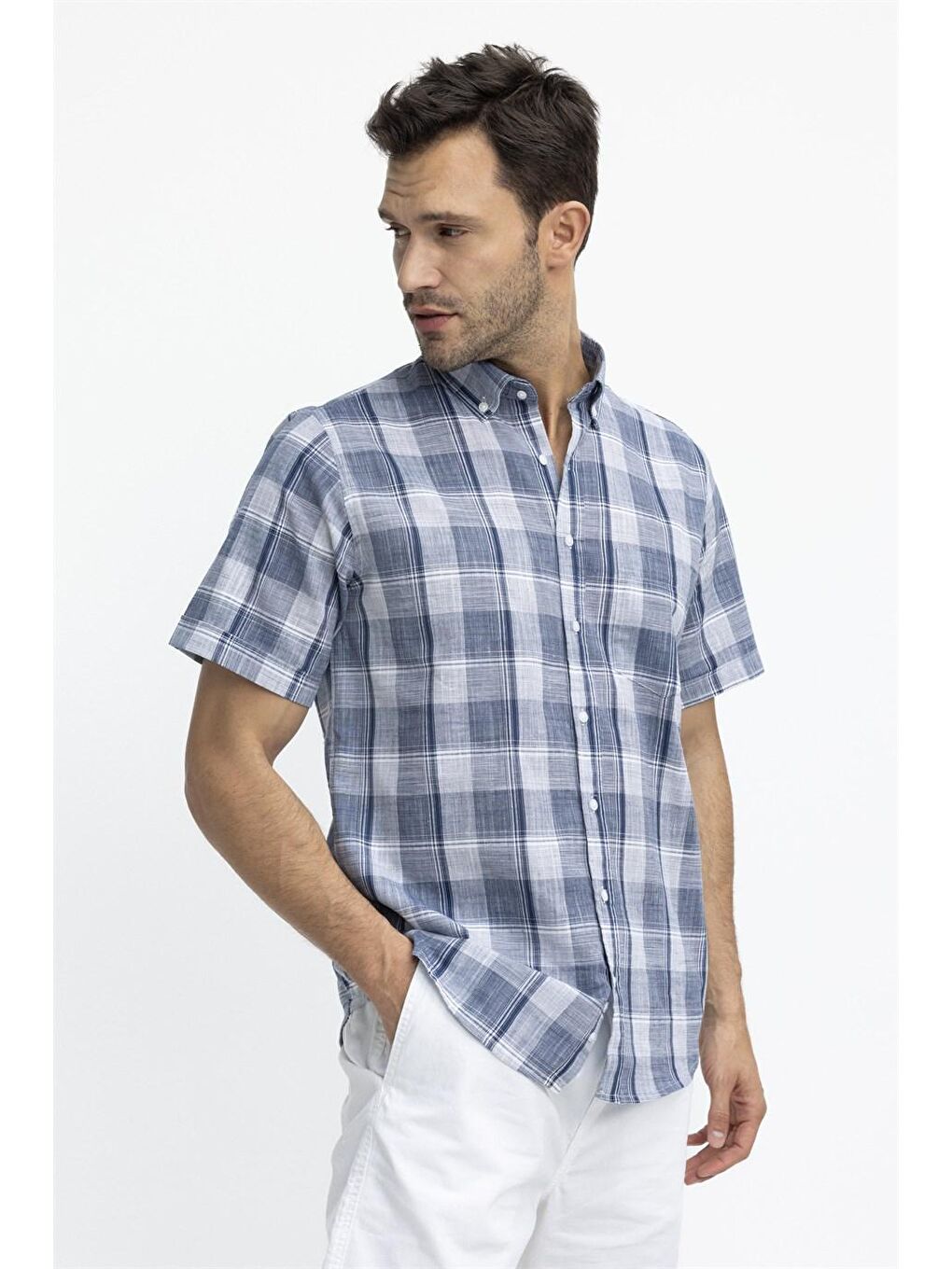 Mavi Tudors Klasik Fit Kısa Kol Kareli Keten Erkek Gömlek-1