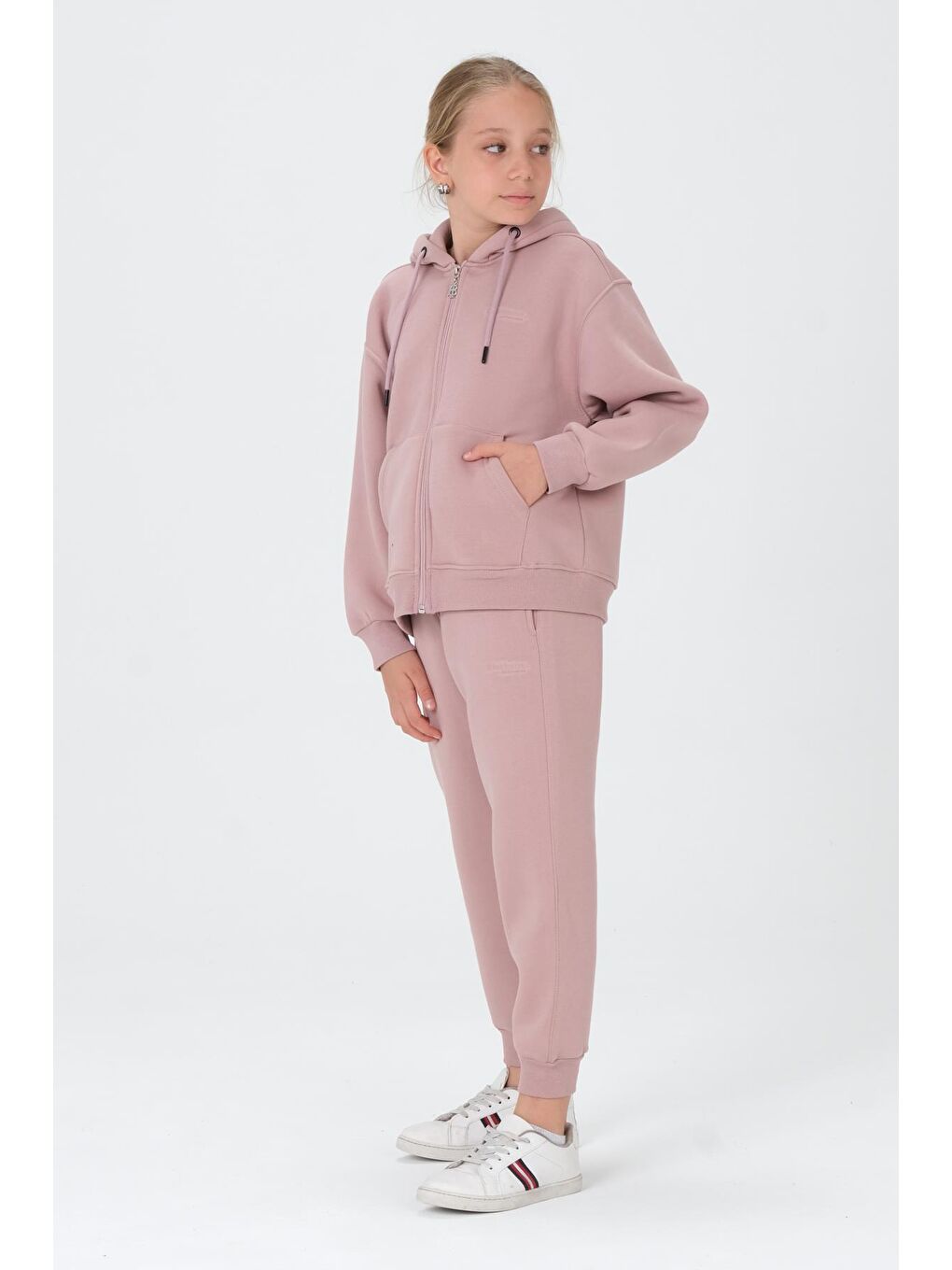 Pembe Kız Çocuk Fermuarlı Kapüşonlu Eşofman Takımı-1