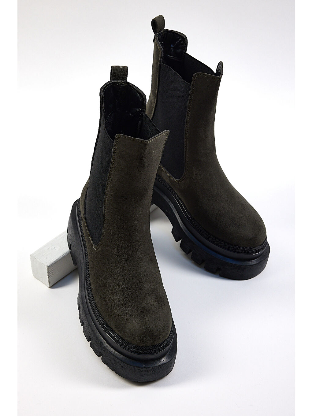 Kadın Haki Süet Rahat Kalıp Yanı Lastikli Kalın Taban Bot-4