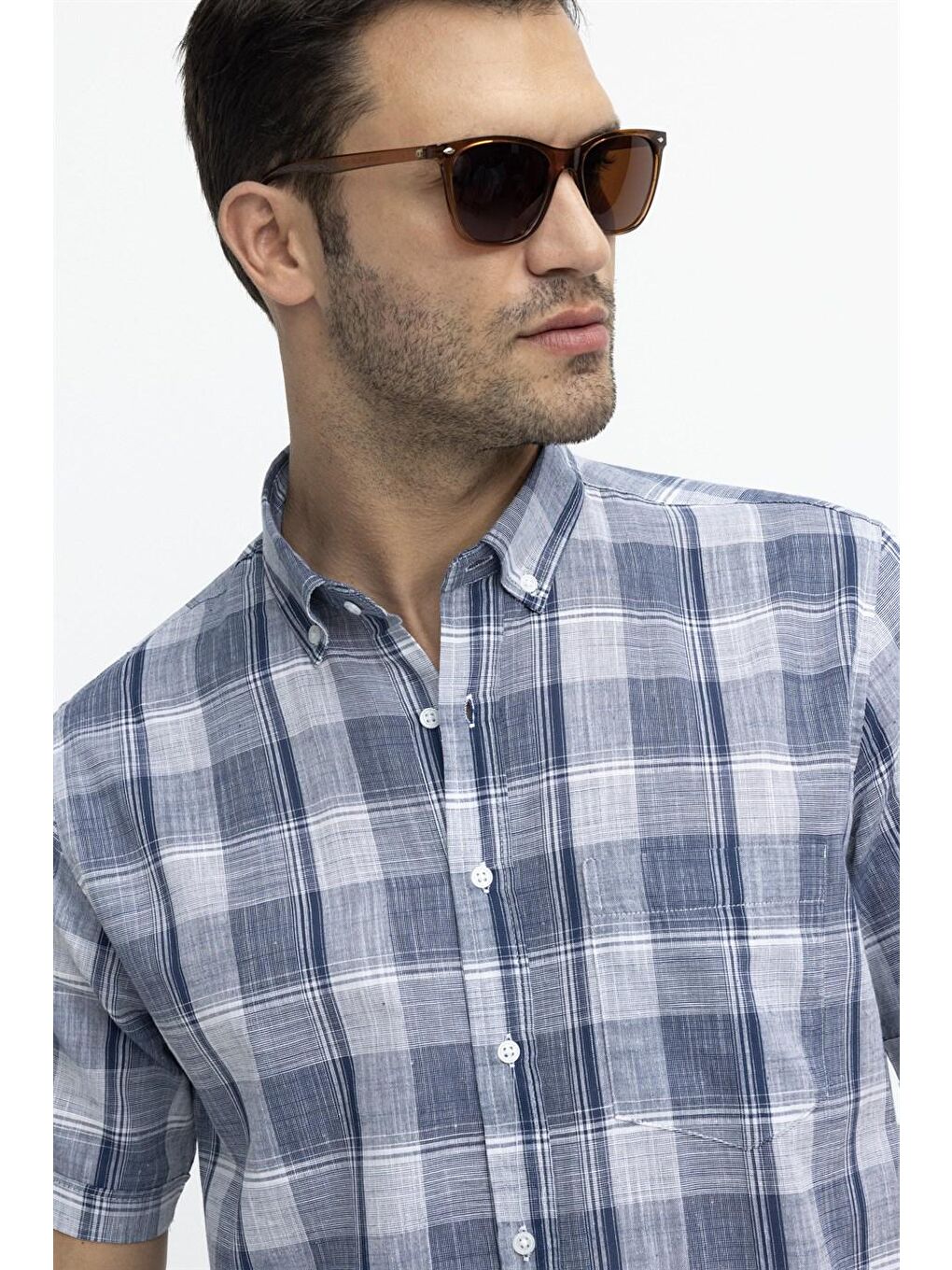 Mavi Tudors Klasik Fit Kısa Kol Kareli Keten Erkek Gömlek-2