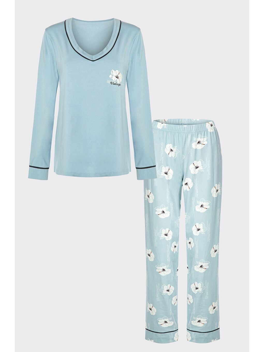 Mavi Kadın V Yaka Çiçek Desenli Ara Biyeli Uzun Kollu Pamuklu Pijama Takımı