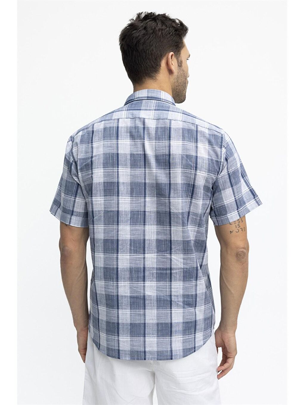Mavi Tudors Klasik Fit Kısa Kol Kareli Keten Erkek Gömlek-3