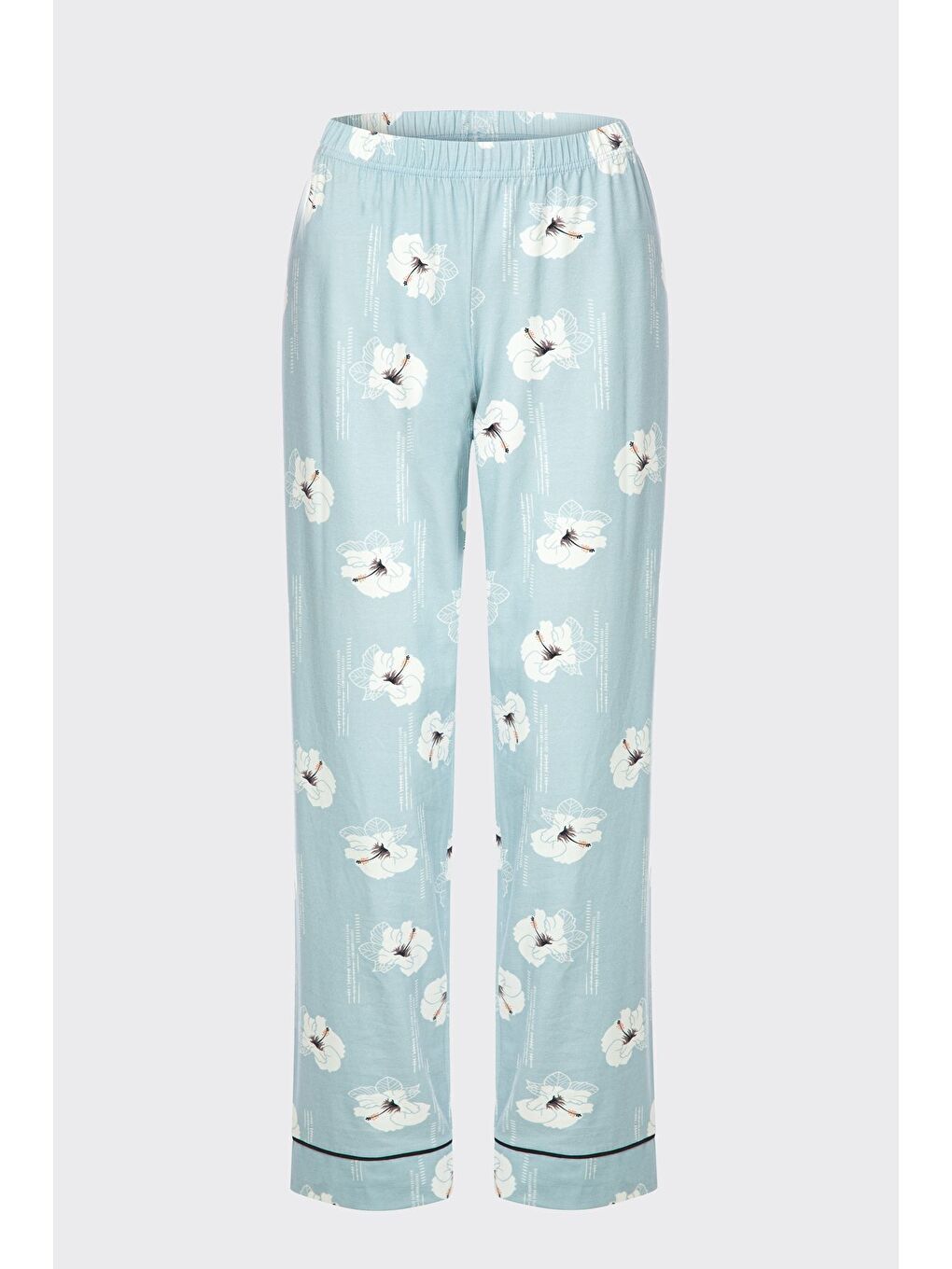 Mavi Kadın V Yaka Çiçek Desenli Ara Biyeli Uzun Kollu Pamuklu Pijama Takımı-1