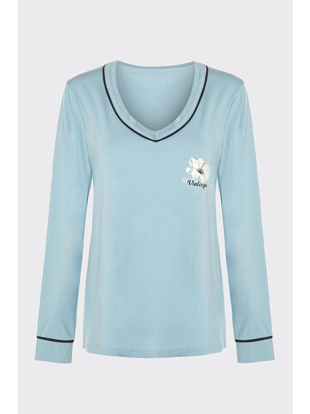 Mavi Kadın V Yaka Çiçek Desenli Ara Biyeli Uzun Kollu Pamuklu Pijama Takımı-2