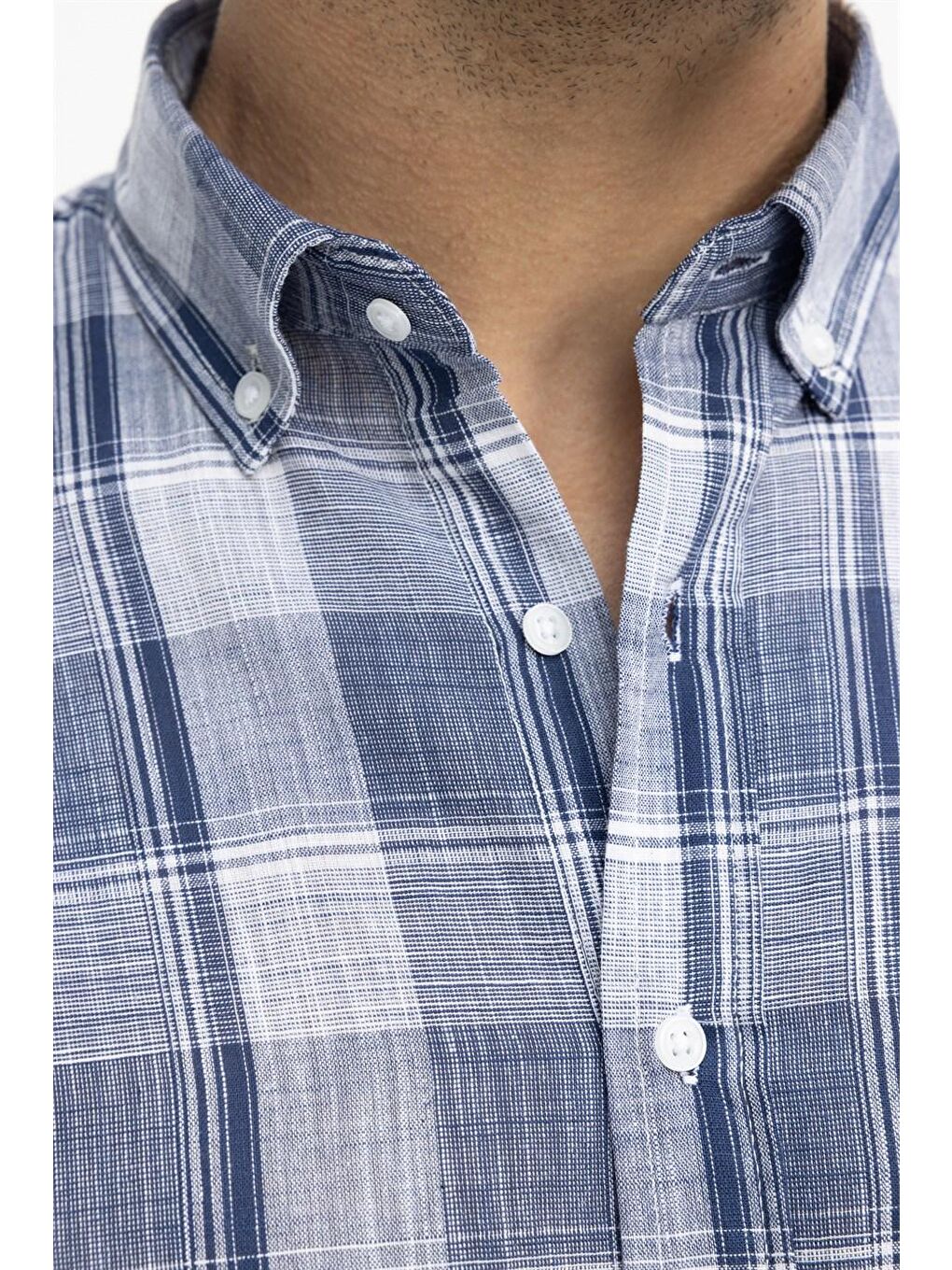Mavi Tudors Klasik Fit Kısa Kol Kareli Keten Erkek Gömlek-4