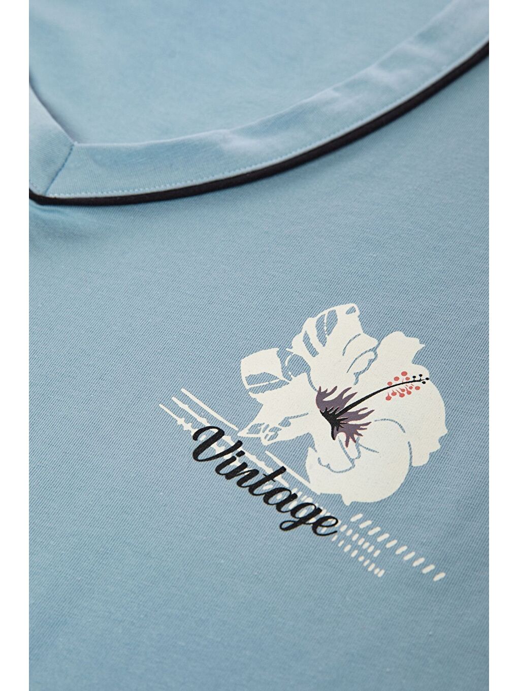 Mavi Kadın V Yaka Çiçek Desenli Ara Biyeli Uzun Kollu Pamuklu Pijama Takımı-3