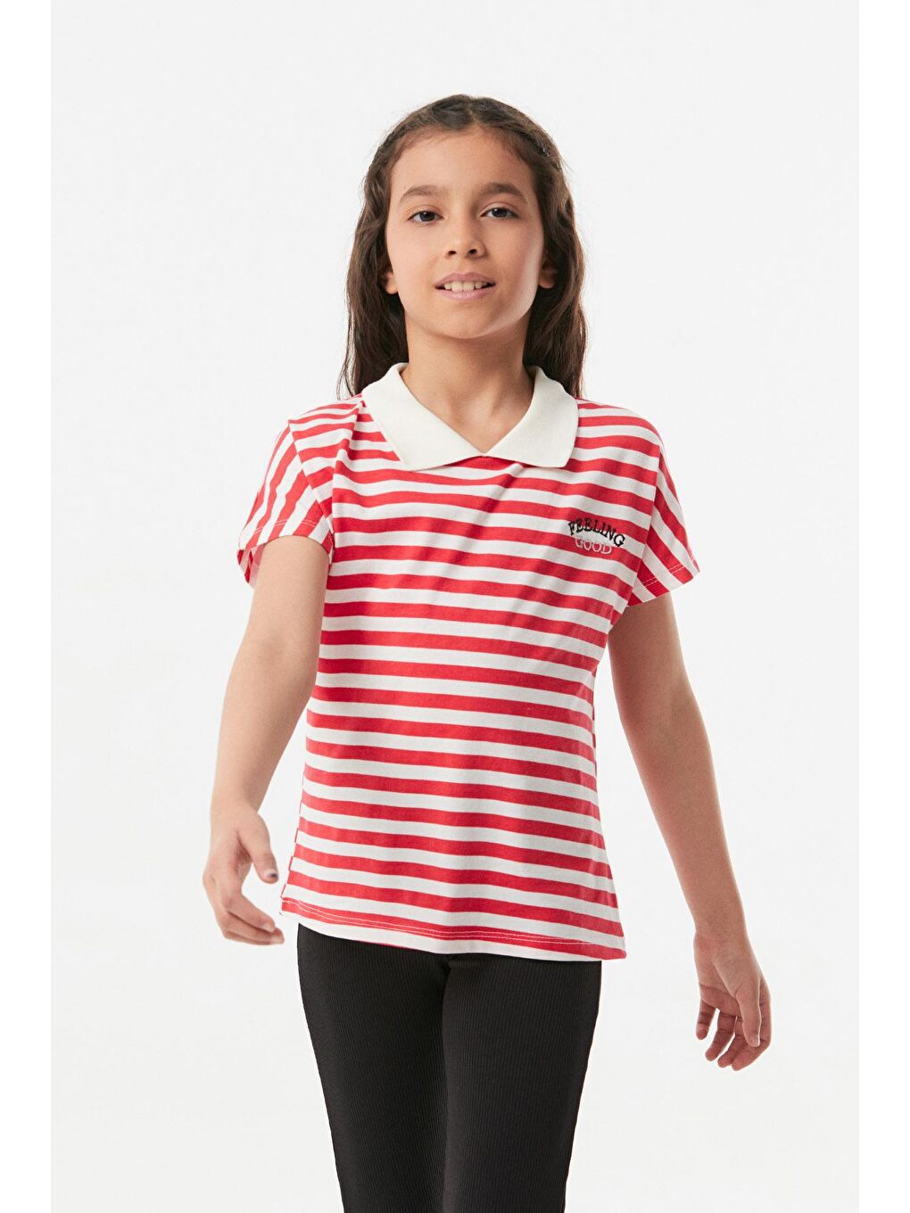 Kırmızı Çizgili Polo Yaka Kız Çocuk Tişört-3