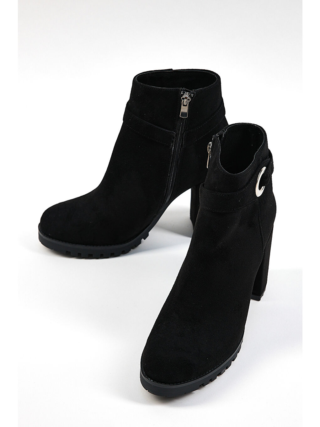 Kadın Siyah Süet Rahat Kalıp Tokalı Fermuarlı Topuklu Bot-2