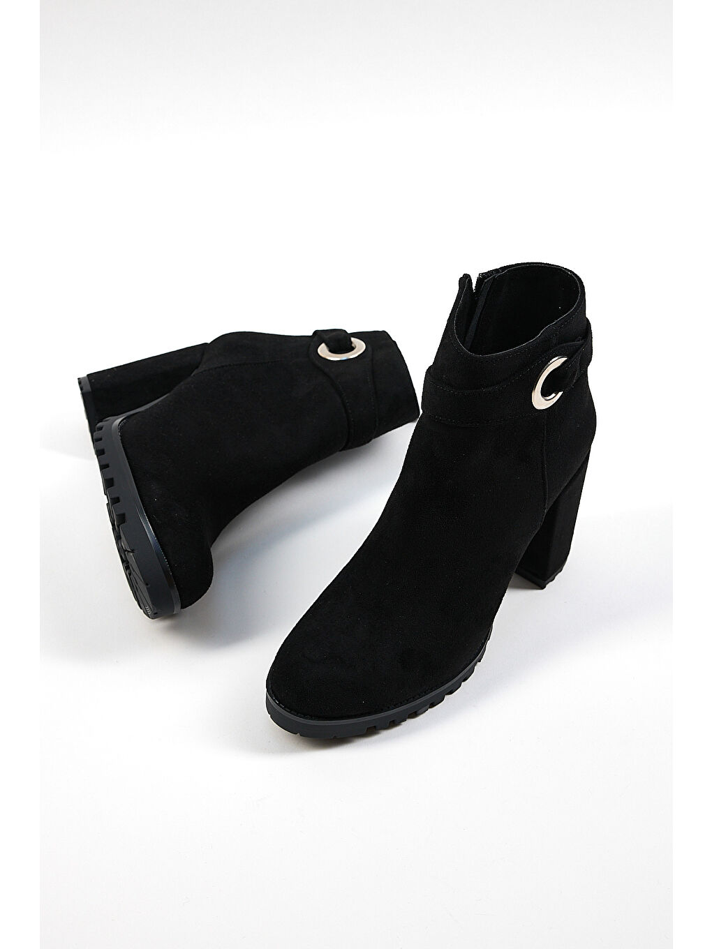 Kadın Siyah Süet Rahat Kalıp Tokalı Fermuarlı Topuklu Bot-3