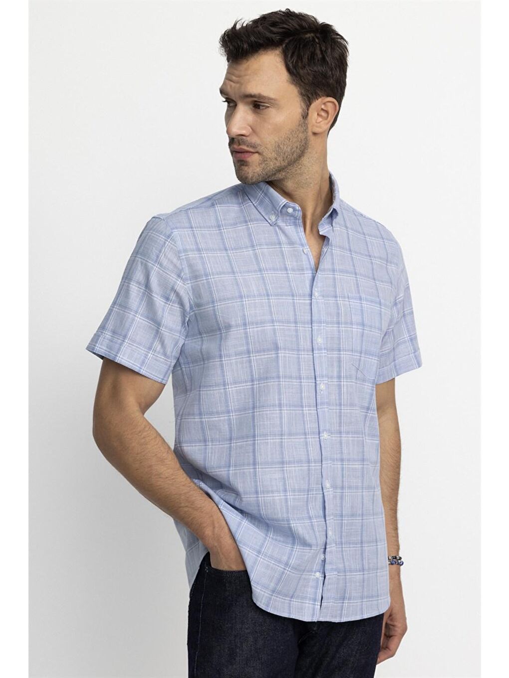 Mavi Tudors Klasik Fit Kısa Kol Kareli Keten Erkek Gömlek