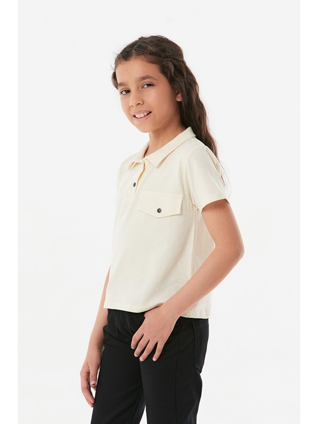 Ekru Cep Detaylı Polo Yaka Kız Çocuk Tişört-2