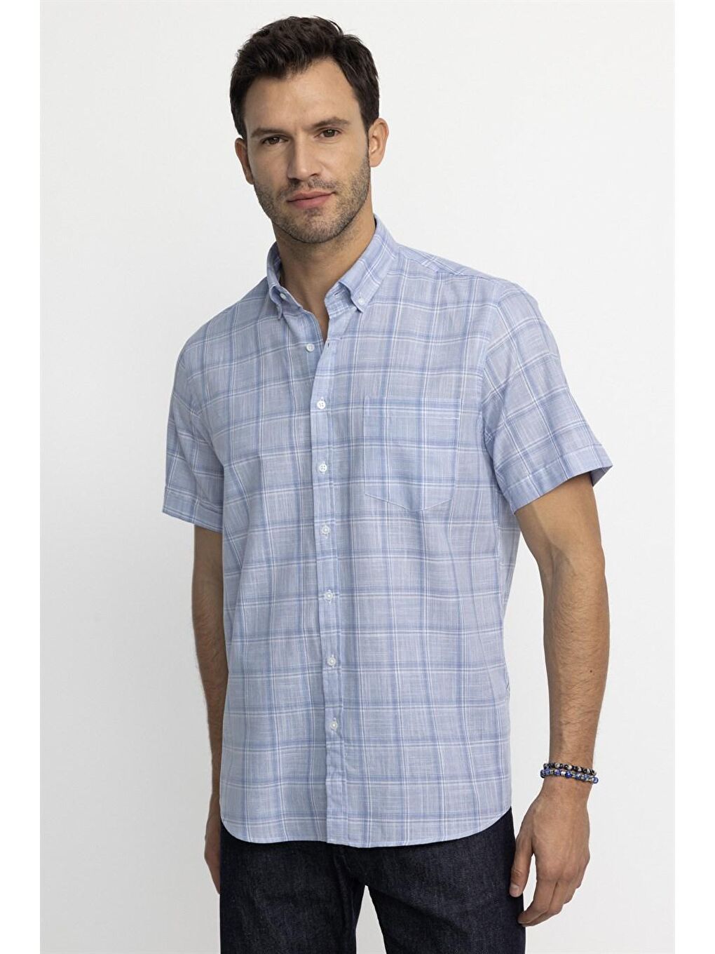 Mavi Tudors Klasik Fit Kısa Kol Kareli Keten Erkek Gömlek-1