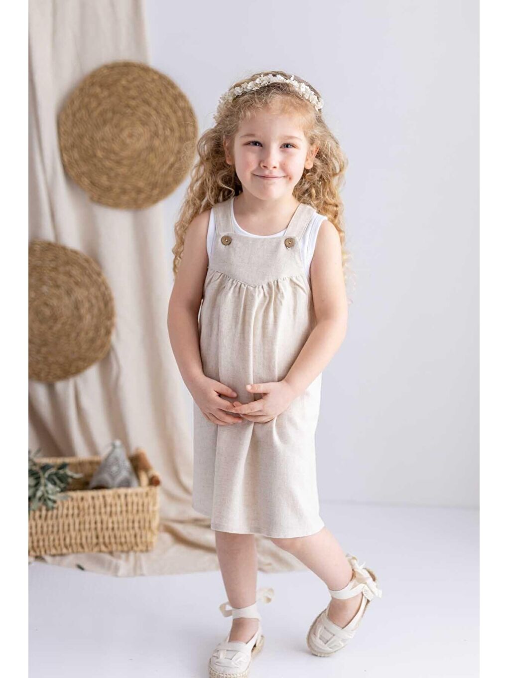 Ekru Kız Çocuk Keten Elbise-4