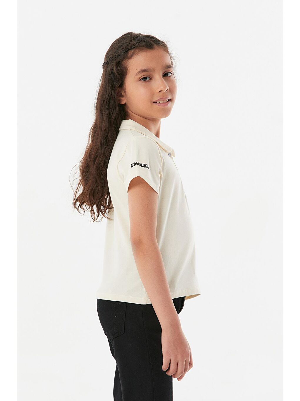 Ekru Cep Detaylı Polo Yaka Kız Çocuk Tişört-3