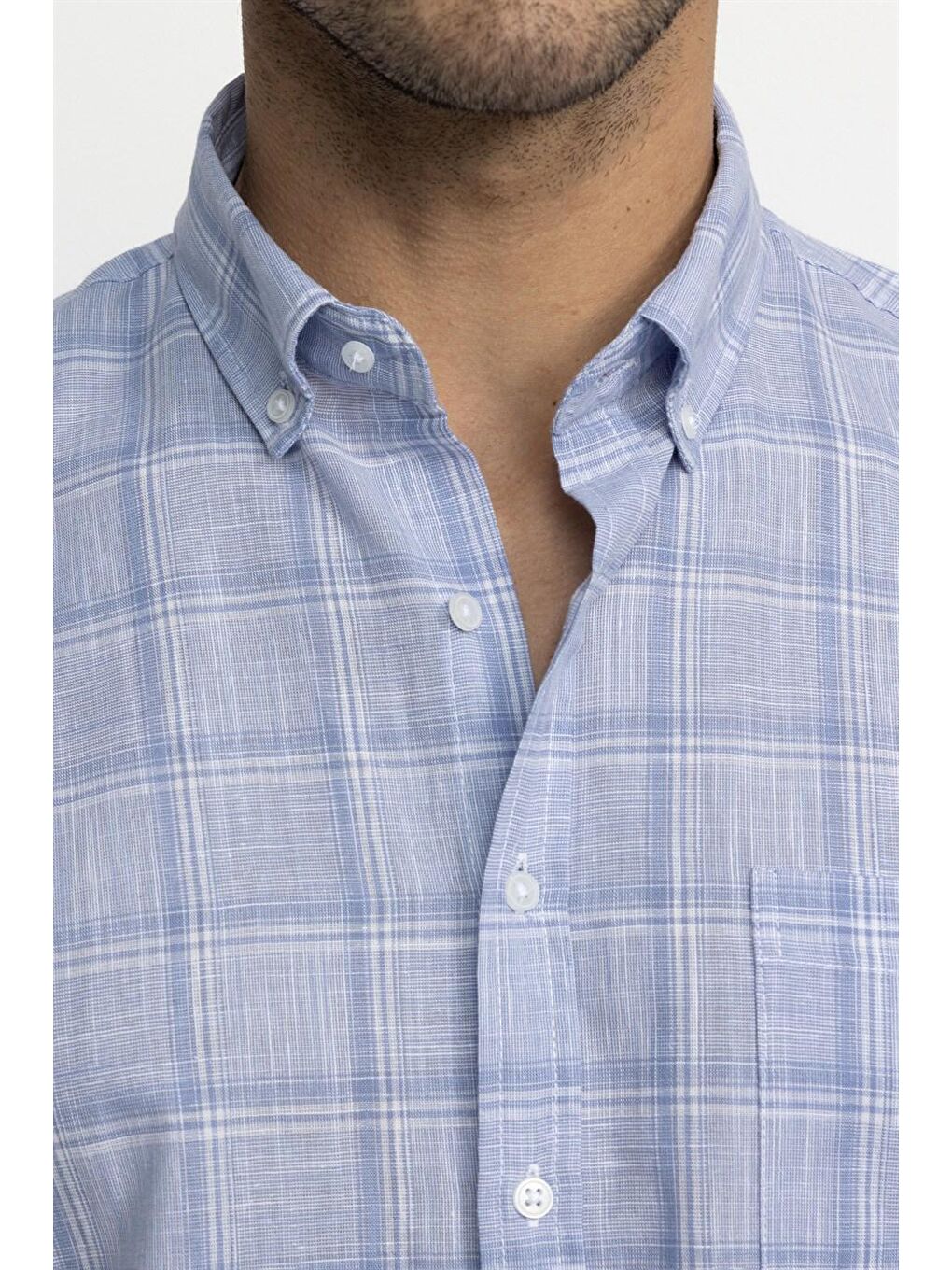 Mavi Tudors Klasik Fit Kısa Kol Kareli Keten Erkek Gömlek-2