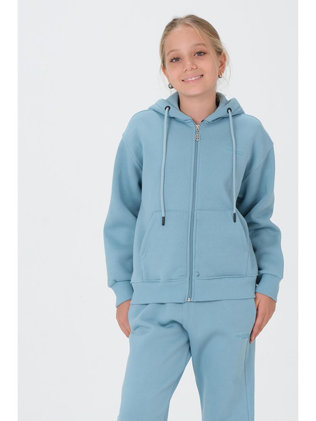 Mavi Kız Çocuk Fermuarlı Kapşonlu Eşofman Takımı-4